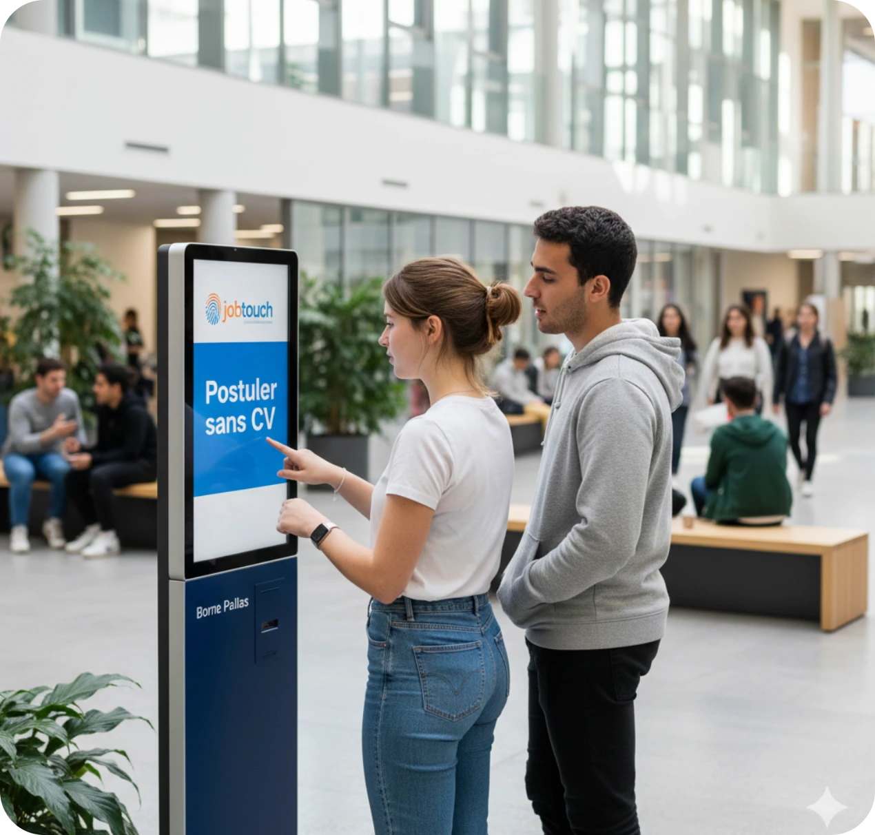 Deux personnes utilisant une borne interactive Jobtouch pour postuler sans CV dans un hall public